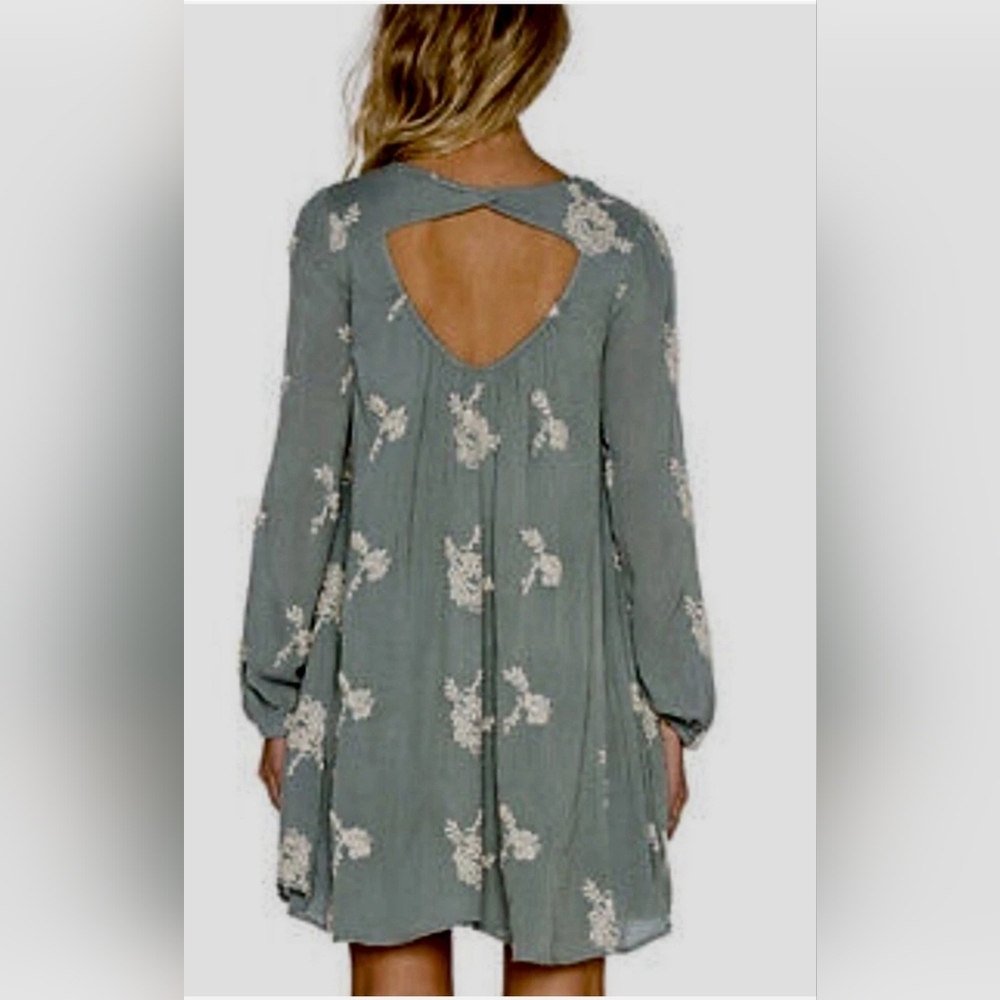 Free People Small Emmas Embroidery Sage Green Cocktail Dress Mini Long Sleeve - Picture 2 of 12